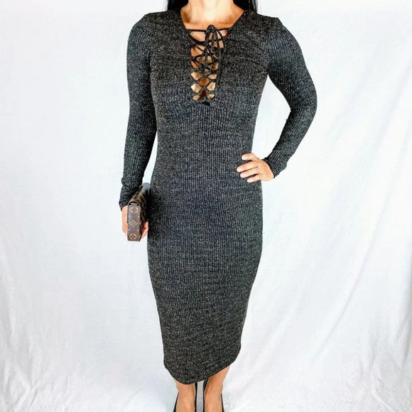 Bardot Black Gold Lace Up Sweater Midi Dress $179 - Picture 4 of 14